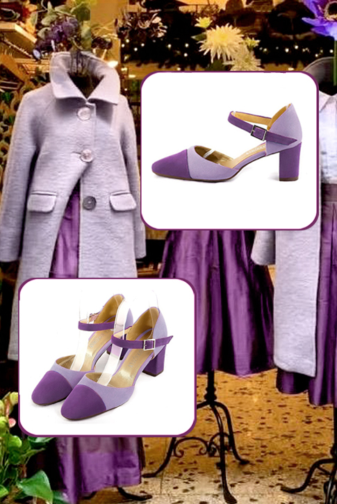 Amethyst purple women's open side shoes, with an instep strap. Round toe. Medium block heels. Worn view - Florence KOOIJMAN